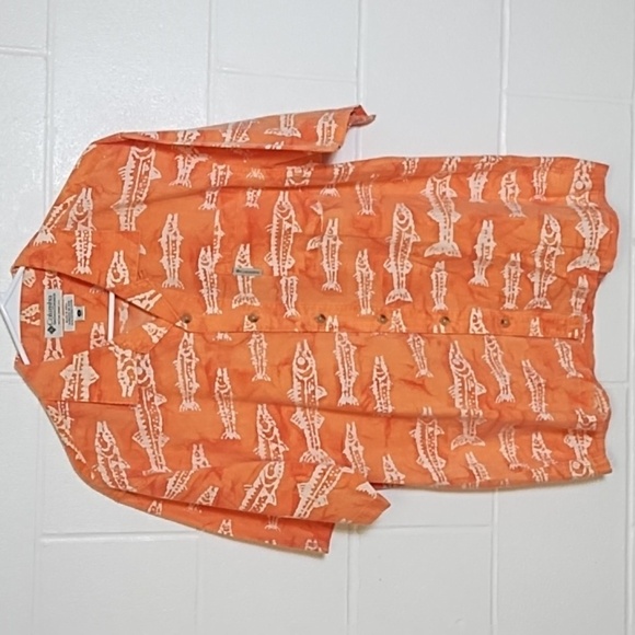 Oversized Beach Bum Fish Skeleton Washed Orange 100% Cotton Button Down Shirt - Picture 1 of 7